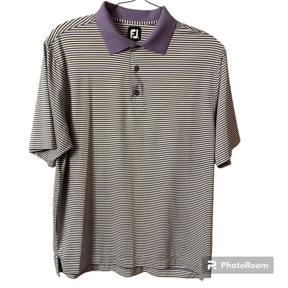 Mens FootJoy Short Sleeve Polo Shirt FJ Purple White Striped Polyester Blend